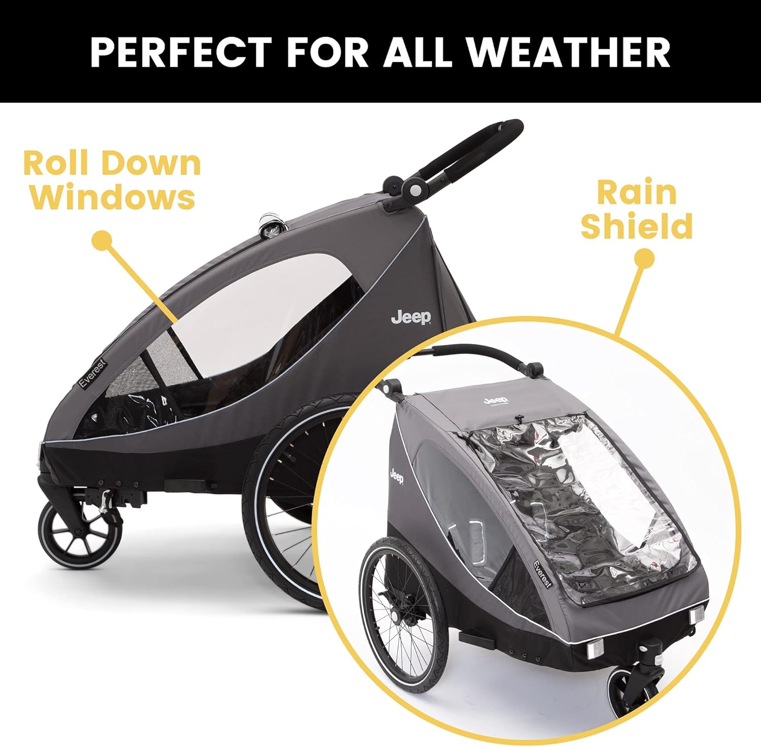 Jeep Everest 2 in 1 Child Bike Trailer and Stroller for 2 Kids by Delta Children – 2 Seater Lightweight Multisport Trailer with Converts to Jogging Stroller – Compact Fold for Travel and Storage, Grey Photo