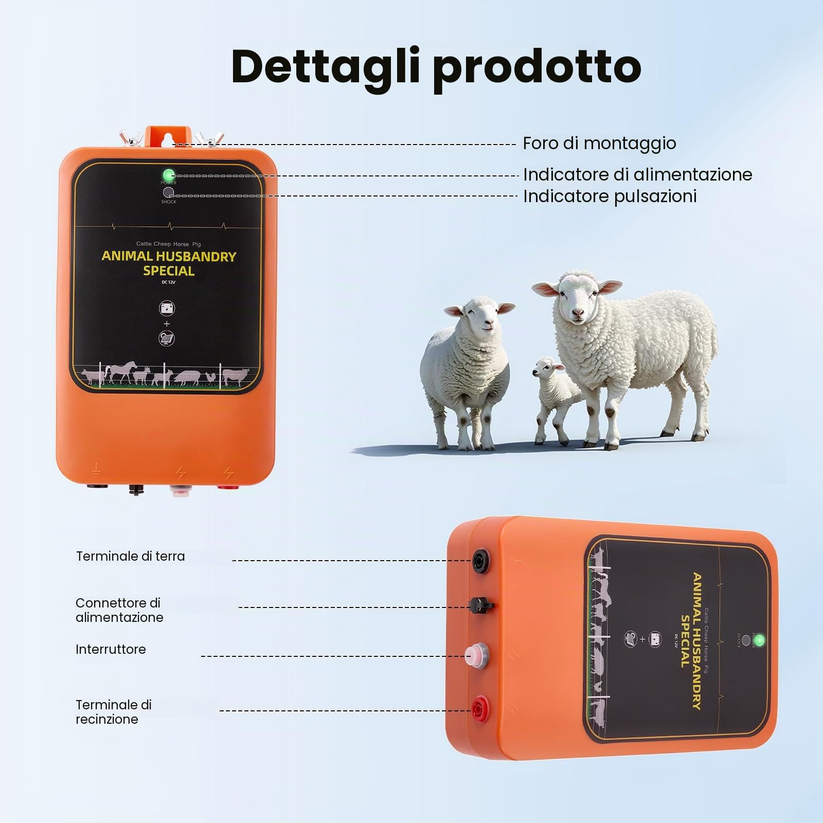 Elettrificatore per Recinti Solare 10km, 1.2J 12kV Caricabatterie per Recinti Ricaricabile con Pannello Solare & Adattatore AC, IP65 Impermeabile per Bestiame, Fattoria, Pascolo, Pollame