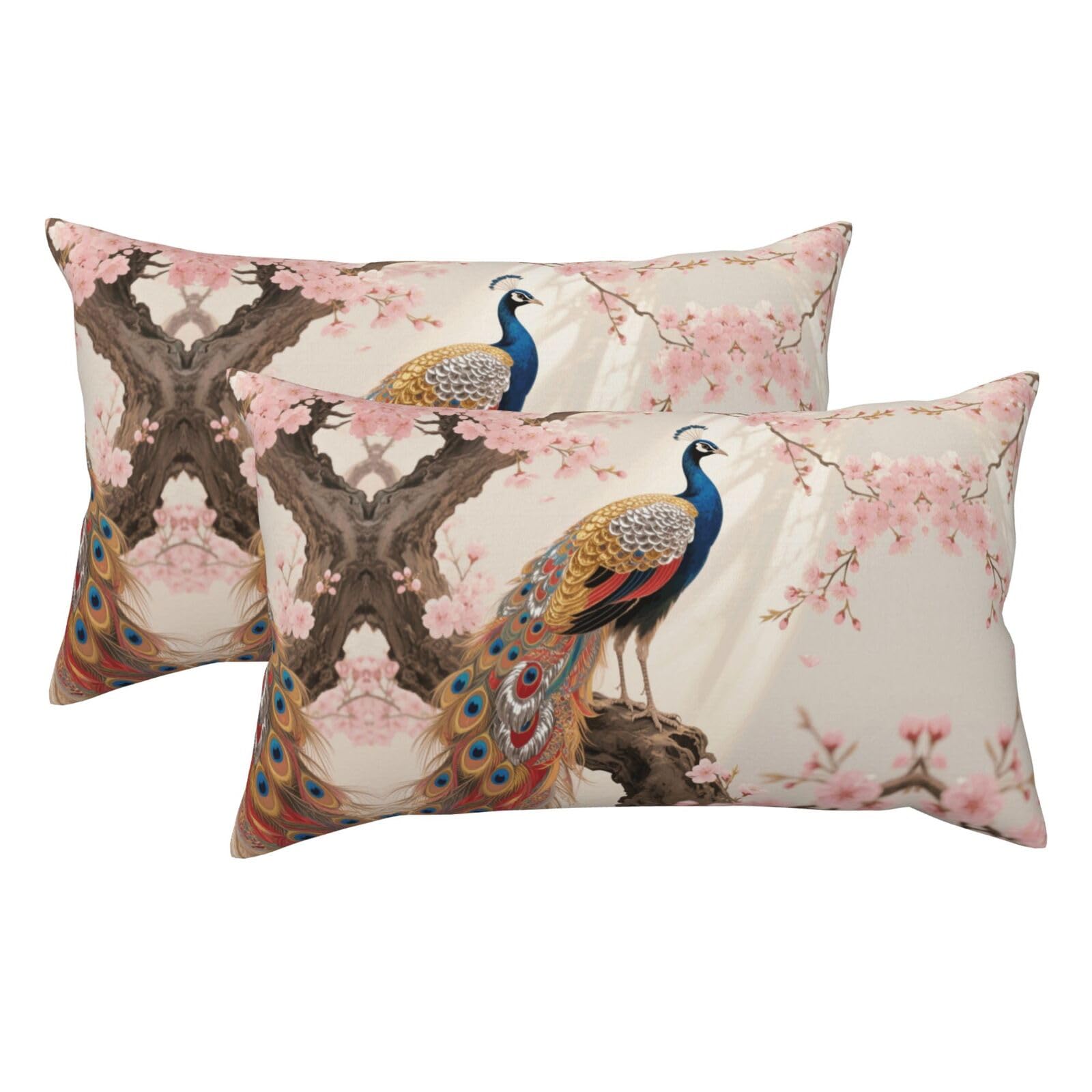 Colorful Peacock on a Tree Branch Luxury King Pillowcases Set of 2, Plush Velvet Feel Pillow Covers with Hidden Zipper, Skin & Hair Friendly, 20x36 Inches Pillow Cases for Sleeping Gift