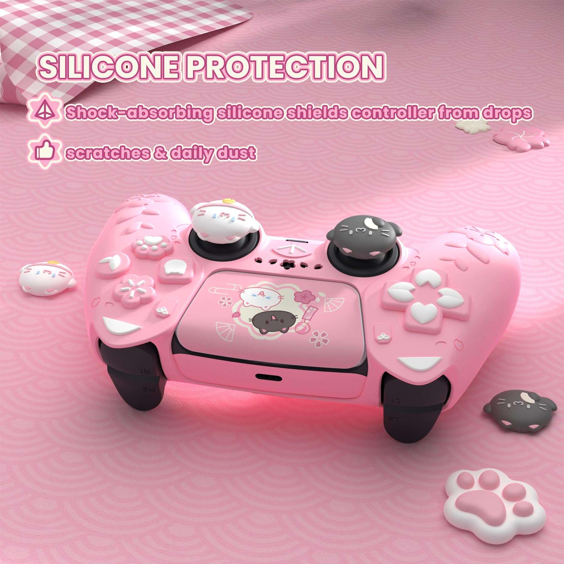 PlayVital Funda de Silicona para ps5 Mando - Protector Antideslizante con Tapas para Joystick y Pegatina, Cubierta de Goma Suave, Accesorios para ps5 - Diseño Gatito Lindo (Rosa)