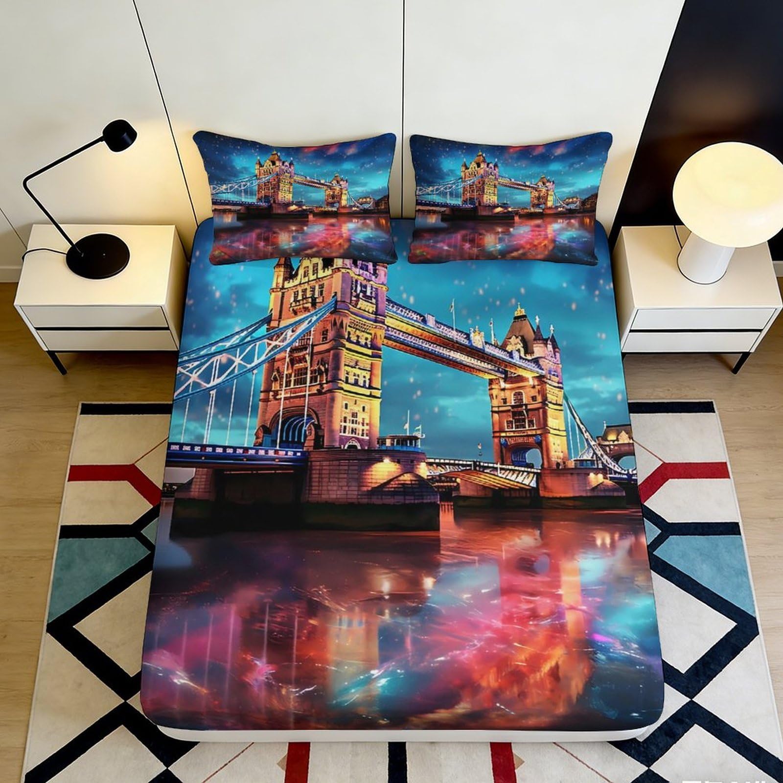 Jqzkxnhpbr Style-7 3D Printed London Tower Bridge Fitted Sheet Microfiber Colourful Cityscape Mattress Cover Bedroom Decor 90X200x25cm