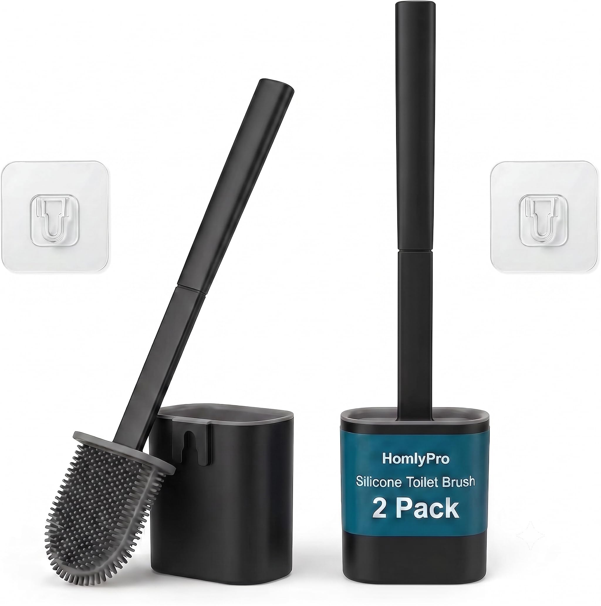 HomlyPro 2 Pack Silicone Toilet Brush and Holder Set, Deep Cleaning Flexible Bristles, Long Handle, Quick Drying Anti-Drip Base, Floor or Wall Mounted, Modern Design Bathroom (Black)