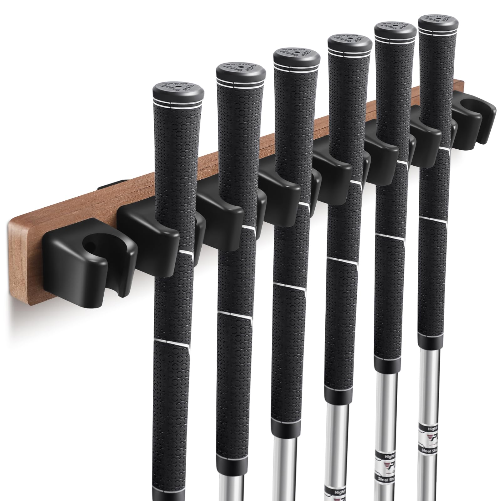 Blueweenly Wooden Golf Club Holder Wall Mount 8 Clips Golf Club Rack Hanger Organizer for Wall Display Garage Putters with Screws, Grip up Type (Walnut Color)