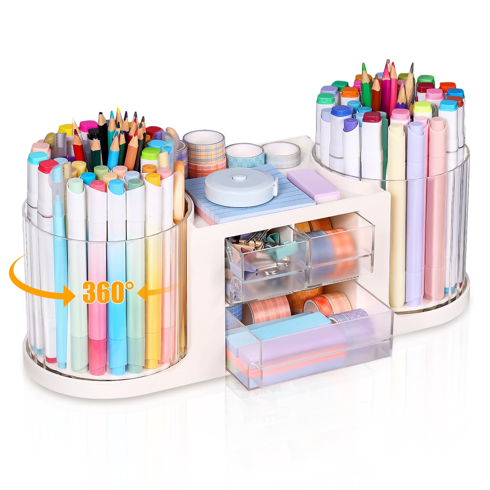 BOBOKA Organiseur de bureau rotatif avec 3 tiroirs, porte-crayons multifonction pour bureau, organiseurs de bureau et accessoires avec 10 emplacements pour crayons + 3 tiroirs pour fournitures d'art
