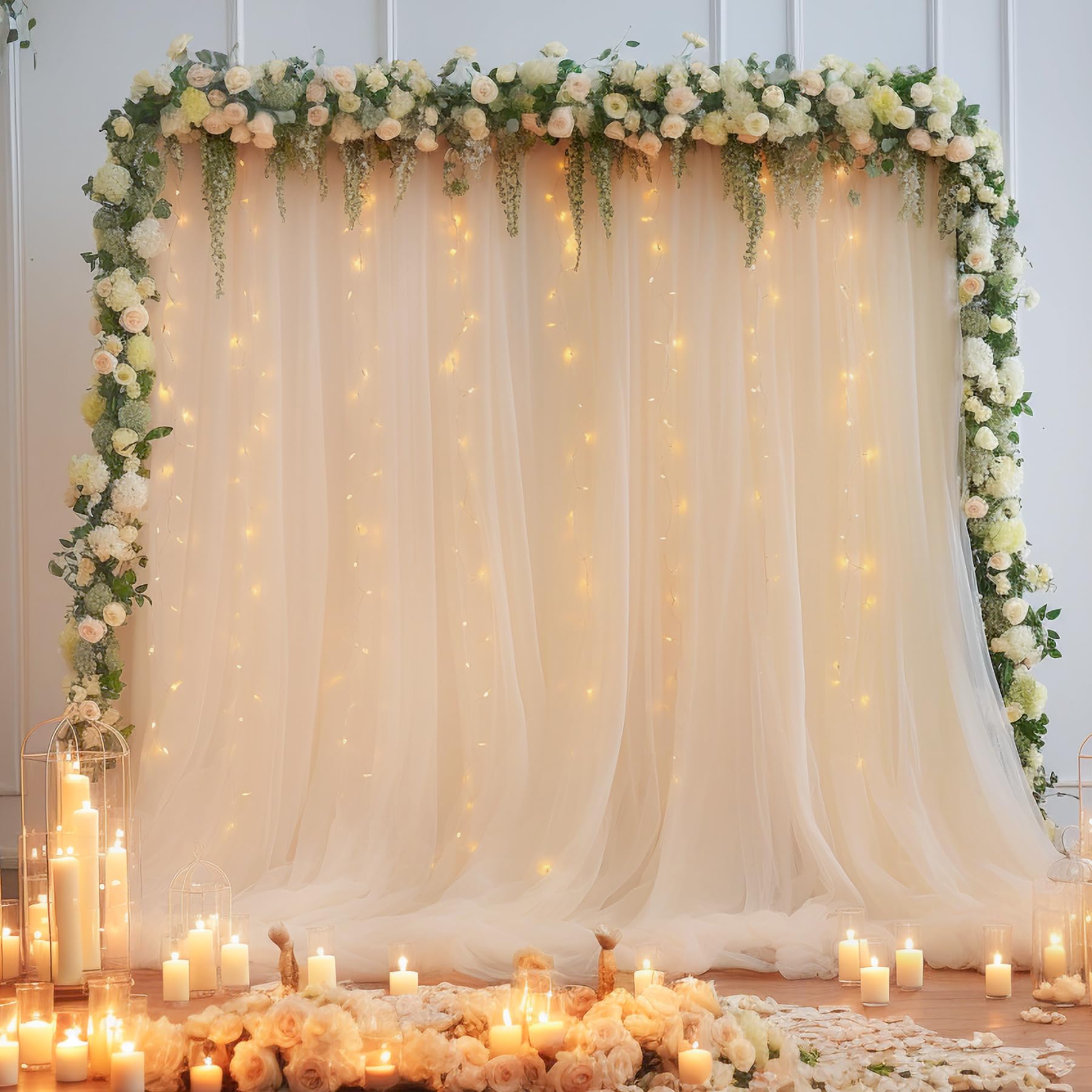 10×8ft Champagne Tulle Curtain Backdrop with Lights String for Parites, Sheer Backdrop Curtain Drapes for Wedding Photo Baby Shower Photography Birthday Party