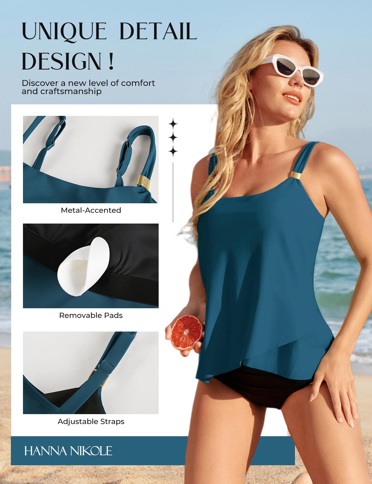 Hanna Nikole Haut tankini pour femme, haut de maillot de bain à bretelles réglables, haut de maillot de bain à ourlet fluide, haut de maillot de bain à col en U avec rembourrage (sans bas)
