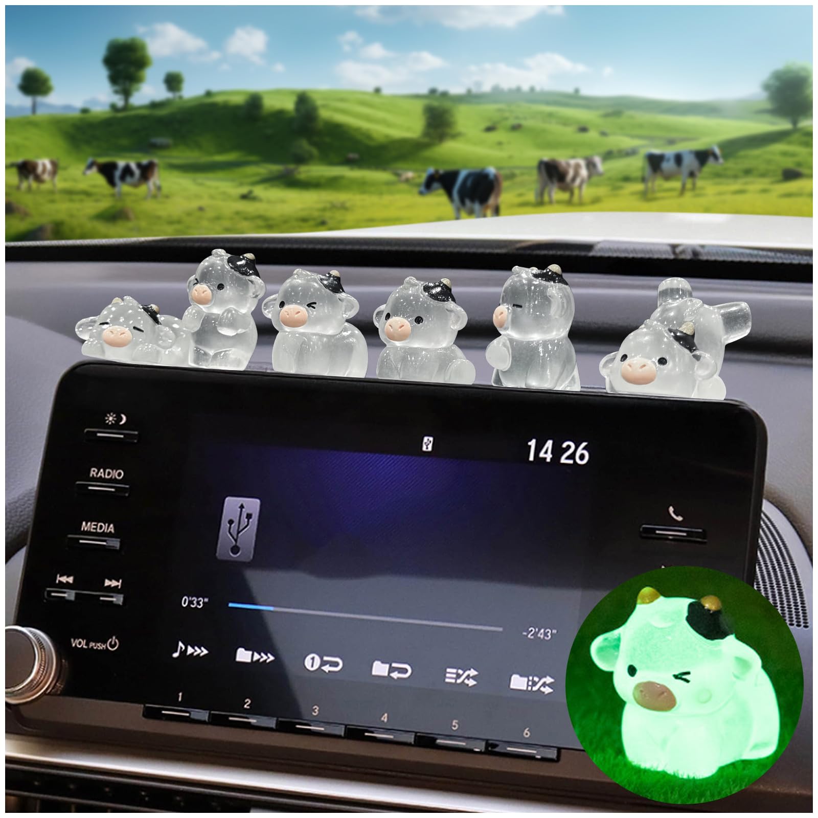 6Pcs Cute Luminous Cow Car Dashboard Decor Set- Cars Rearview Mirror/Dashboard/Touchscreen Top Funny Adorable Auto Rear View Mini Cows Ornament, Cars