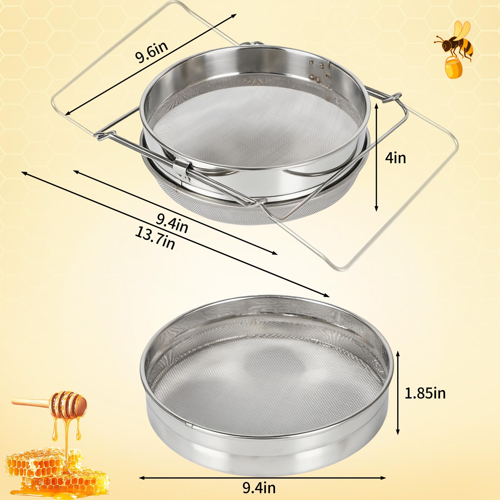 Filtre de Miel Double,Passoire à Miel en Acier Inoxydable avec Bras Extensibles,Tamis Filtrant pour Apiculture,Filtre pour Impuretés pour Seau de 5 Gallons,Apiculture équipement pour Rucher Set
