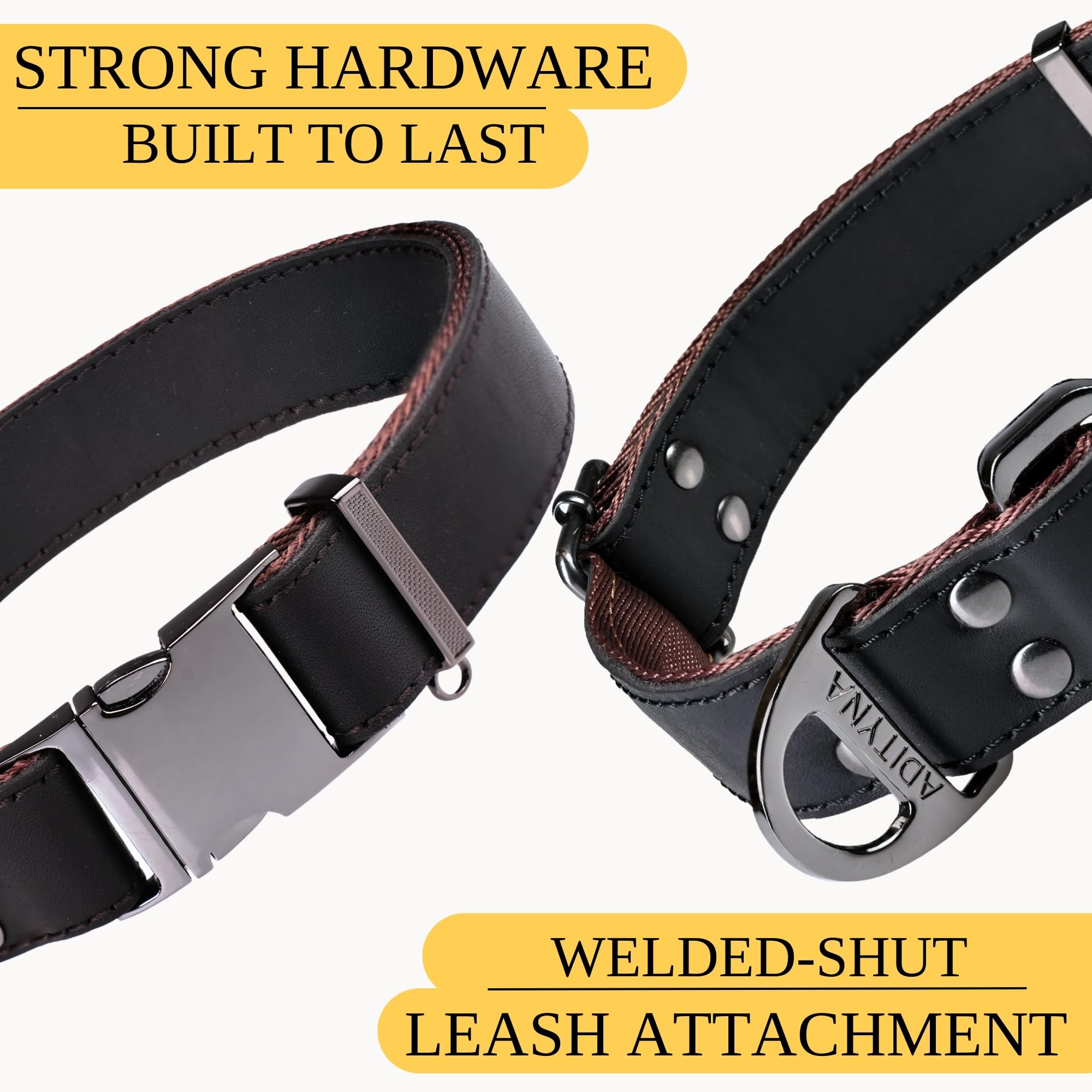 ADITYNA - Collar de cuero para perro con hebilla de metal para perros medianos y grandes - Collar táctico de cuero resistente, ajustable y de cuero (negro, se adapta a cuellos de 15 a 21 pulgadas)