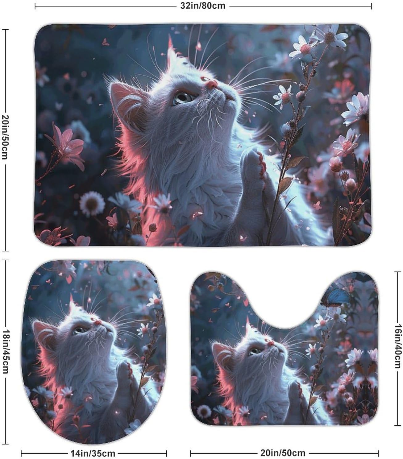 Anti-Skid Floor Mats 3 Piece Set,White Cat in Flowers Printed Coral Fleece Bathroom Mats U-Shaped Contour Mat Toilet Seat Cover for Bathroom, Tub, Shower, Kitchen 19.7"x31.5"