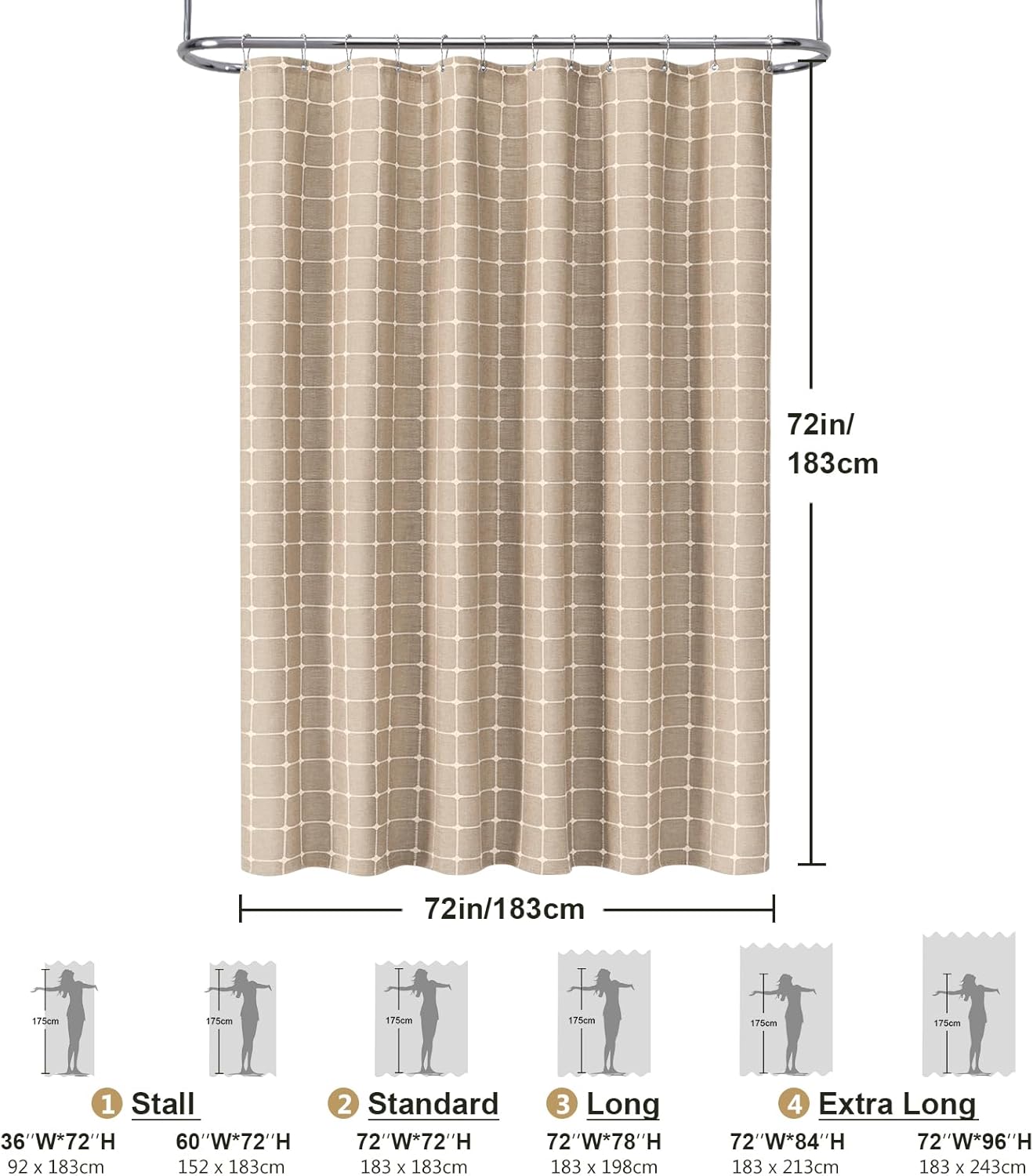 VANZAVANZU 3 in 1 Shower Curtain Set, Polyester and Linen Check Shower Curtain and Liner Set with 12 Double Sided Shower Curtain Hooks, 330GSM Luxury Weighted Cloth Shower Curtains for Bathroom