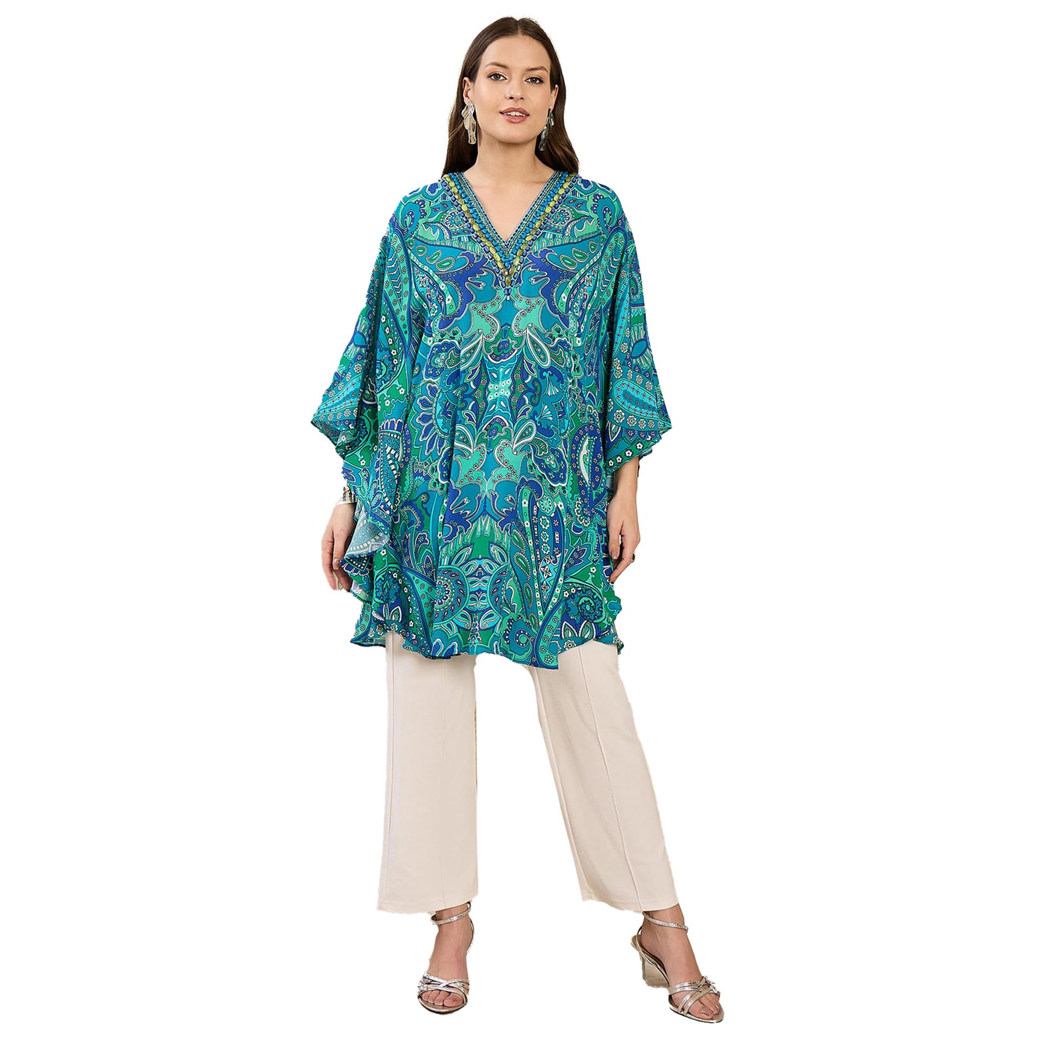 Blue and Green Paisley Tunic in Double Viscose Georgette for Women by Ramola Bachchan-image-13