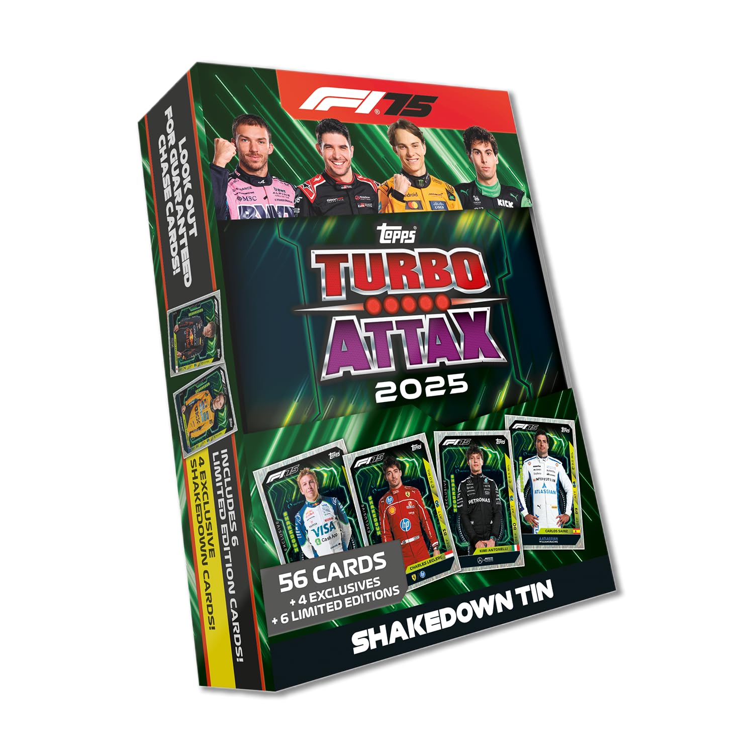 Topps Turbo Attax Formula 1 2025 – Mega Box – Shakedown – Contient 66 cartes, dont 6 cartes LE et 4 cartes exclusives