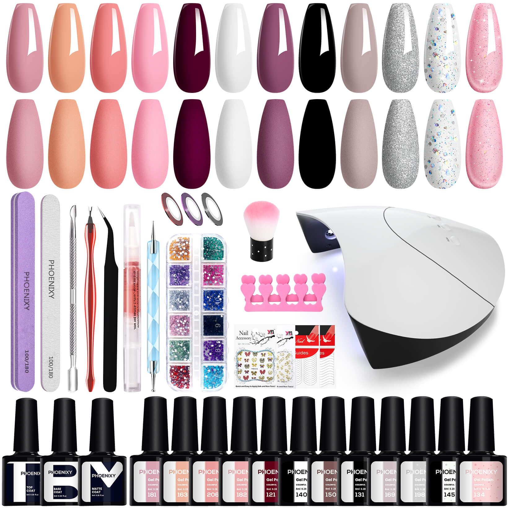Phoenixy Kit Manicura Semipermanente 12 Colores Uñas Semipermanentes Kit Completo con U V/LED Lámpara Herramientas de Manicura