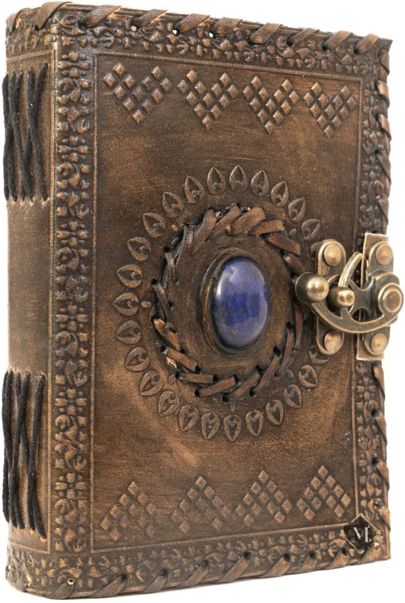 Leather Bound Journal Sketch book - Genuine Embossed Journals for Writing Men Women 5 X 7 inches - Unlined Paper 200 Pages Notebook Brown Diary Blue Stone With Lock