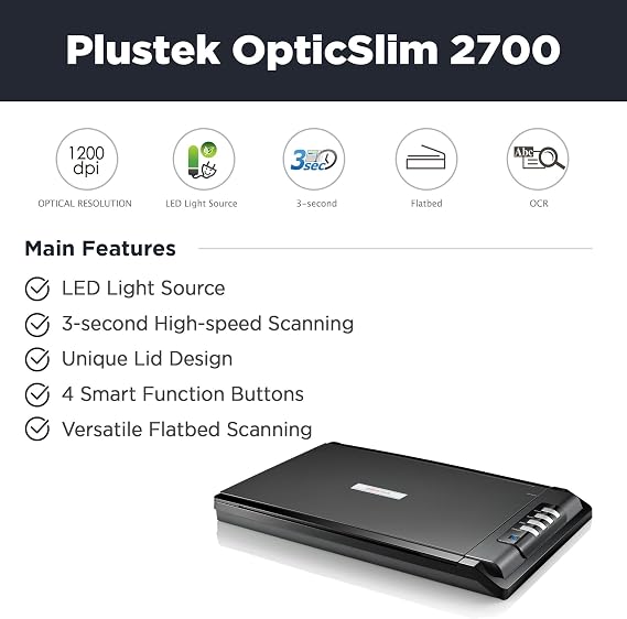 Plustek OpticSlim 2700 - High Speed Flatbed Scanner, 3 sec Fast Scan