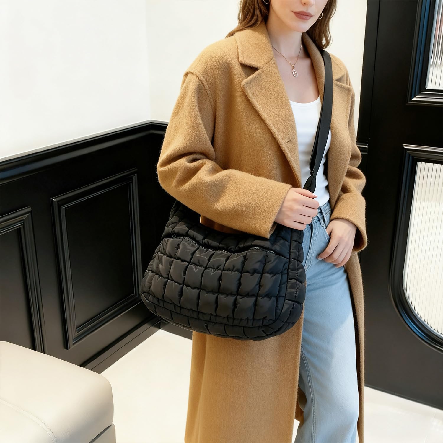 Quilted Puffer Tote Bag for Women,Carryall puffy Crossbody Shoulder Bag, Lightweight Hobo Handbags - Image 2