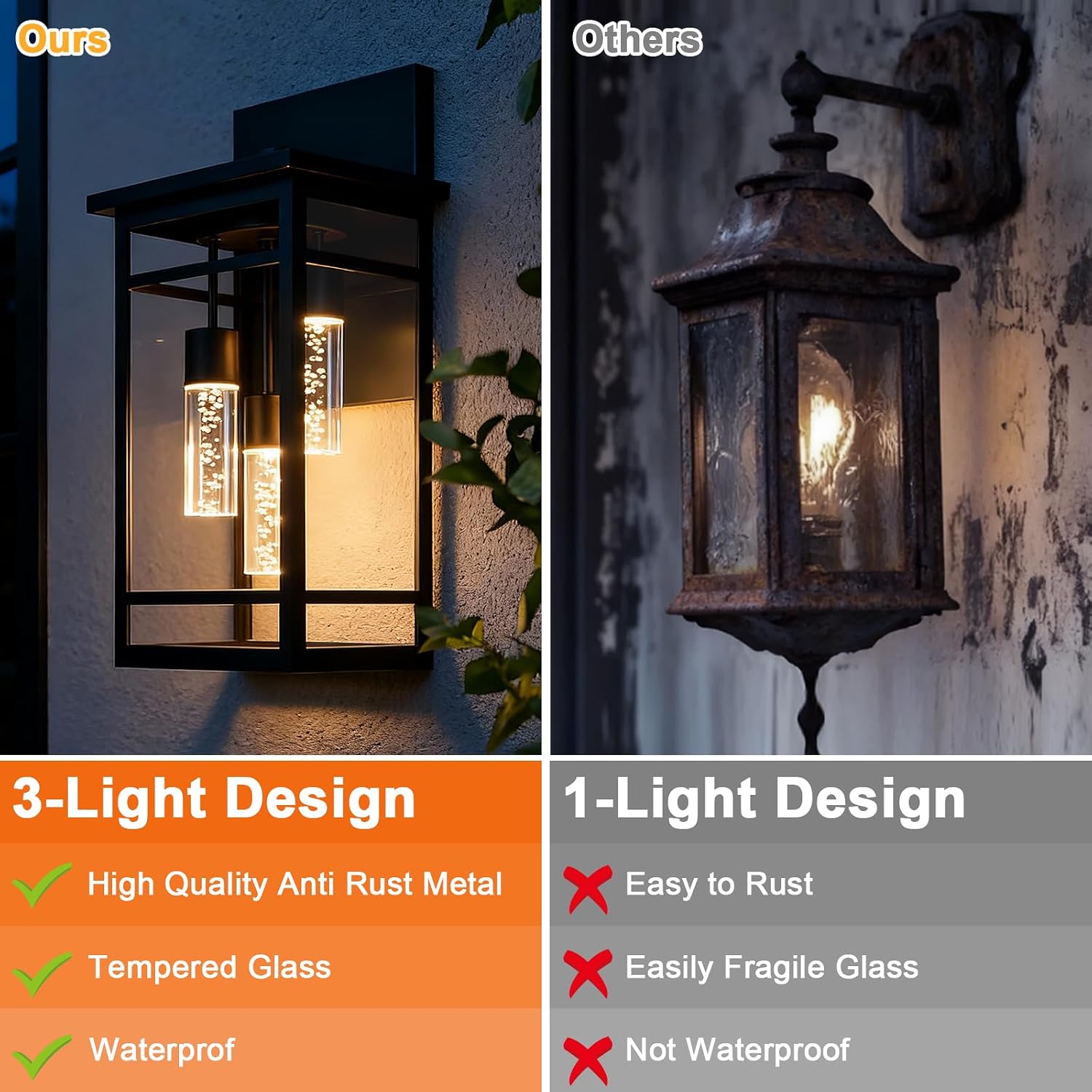 3 Lights Outdoor LED Wall Light Fixtures for Porch,5CCT Black Outdoor Wall Sconce Lights,LED Integrated Bulbs Hanging Lantern Lights,Exterior Lighting Fixtures for Patio,Garage