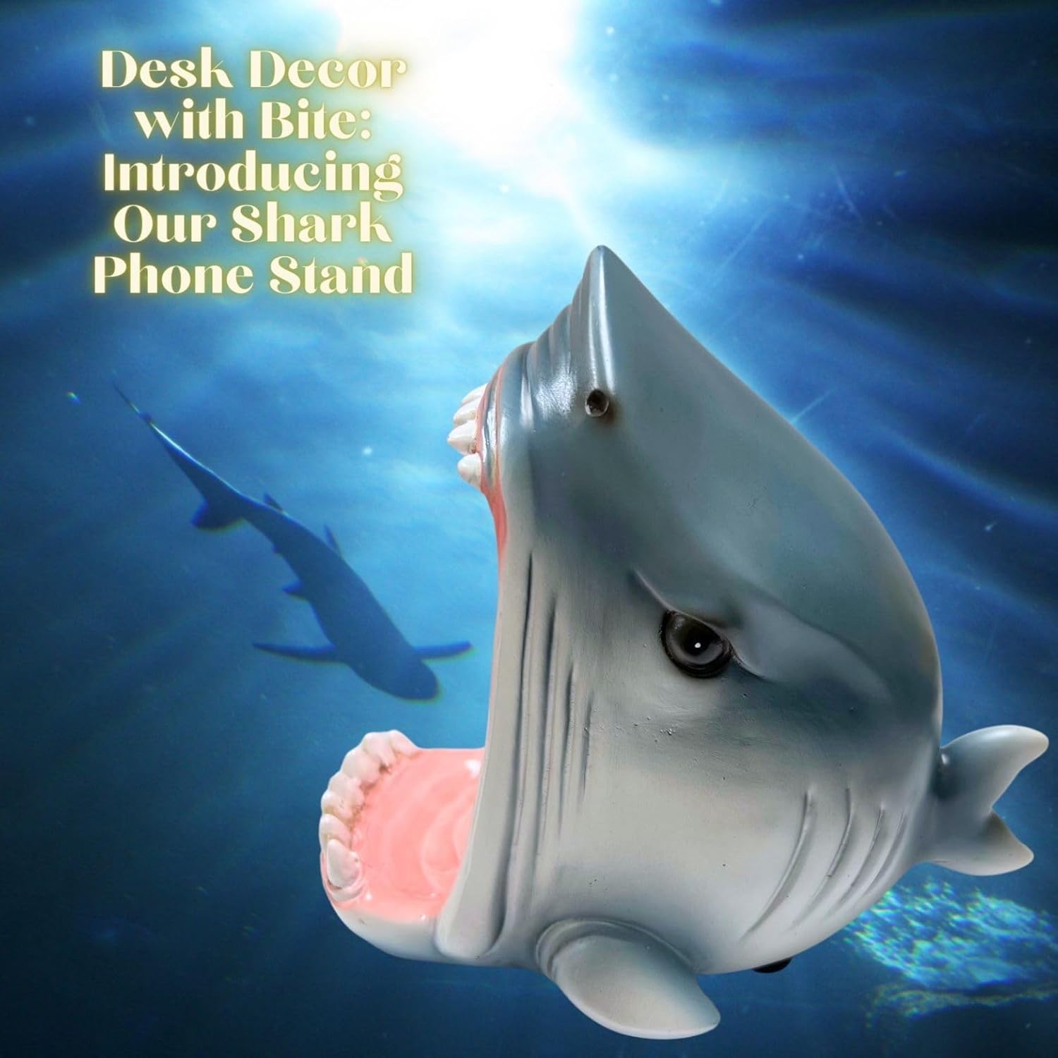 Whimsical Shark Cell Phone Stand Holder - Realistic Yet Playful Goofy Shark Jaw Teeth Design - Fun Desktop Accessory Decoration for Office or Home