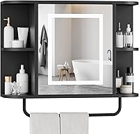 MAHANCRIS Black Bathroom Medicine Cabinet with 3-Color LED Mirror Light, 4 Open Shelves, Adjustable Storage, Wall Mount 21.7"L x 6.7"W x 18.1"H
