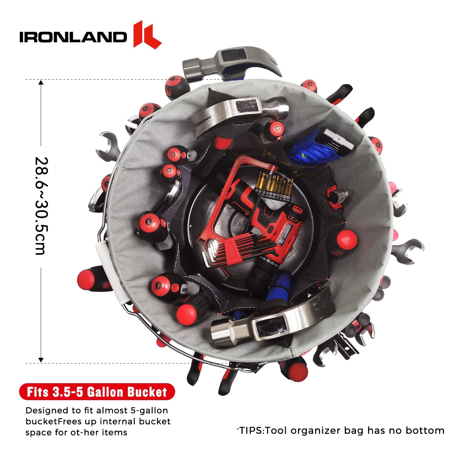 IRONLAND Organizer na narzędzia kubełkowe pasuje do wiadra 3,5-5 l, 51 kieszeni | Organizer na narzędzia kubełkowe do ogrodu, budownictwa, stolarza, elektryka, spawania, budowniczego, czerwono-czarnego