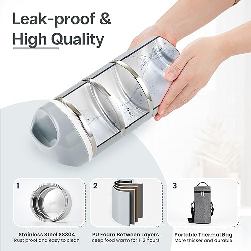 Miniatura 4 de Lille Home Envases de Almuerzo Apilables de Acero Inoxidable, Capacidad de 43OZ 3 Capas Caja Bento a Prueba de Fugas para Adultos, Lonchera Portátil