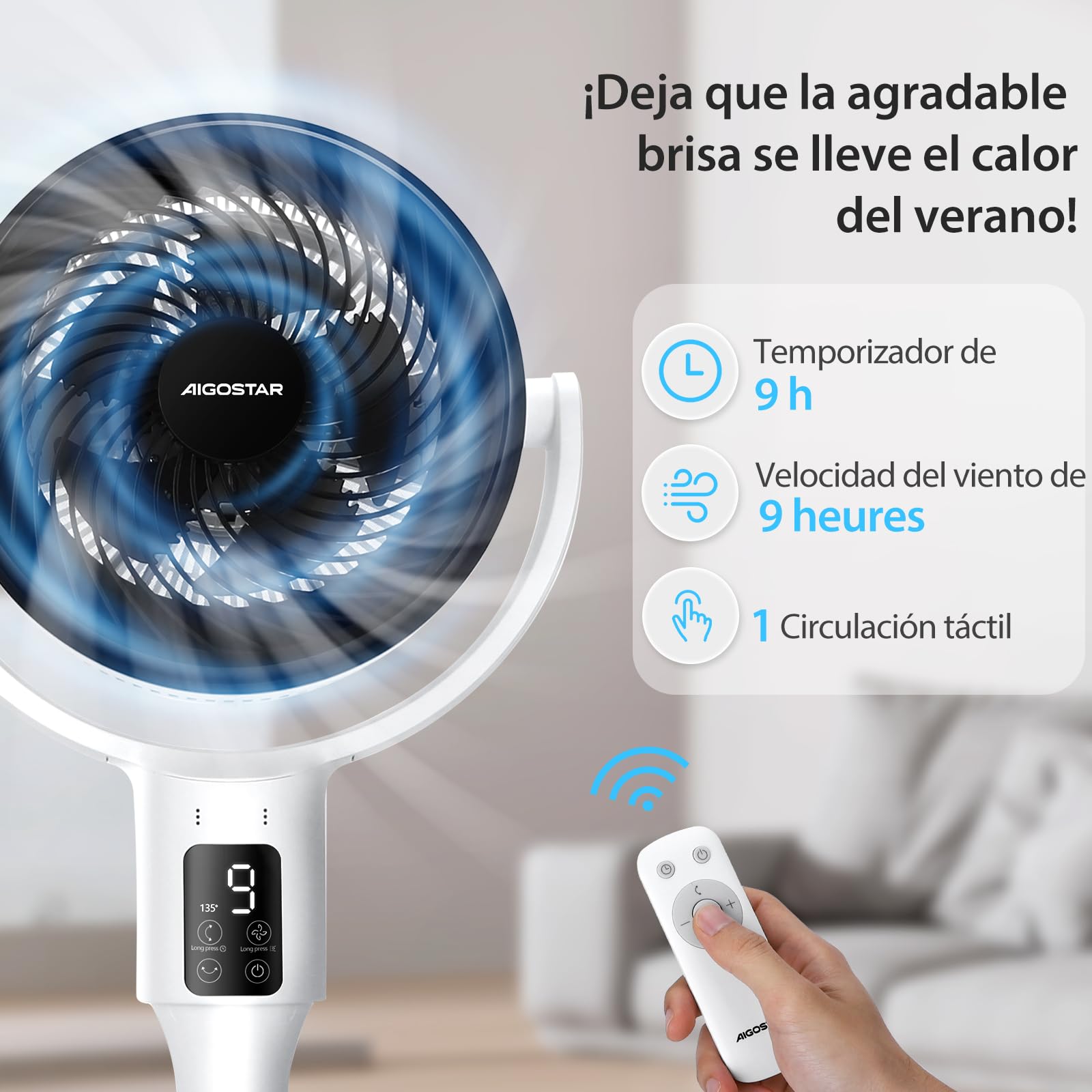 Aigostar Ventilador de Pie Silencioso 23dB con Mando, Motor DC, 24W Circulador Ventiladores Bajo Consumo, Oscilación 135°+85°, 9 Velocidades y Temporizador 9 H, Función de aromaterapia, Blanco Airflow