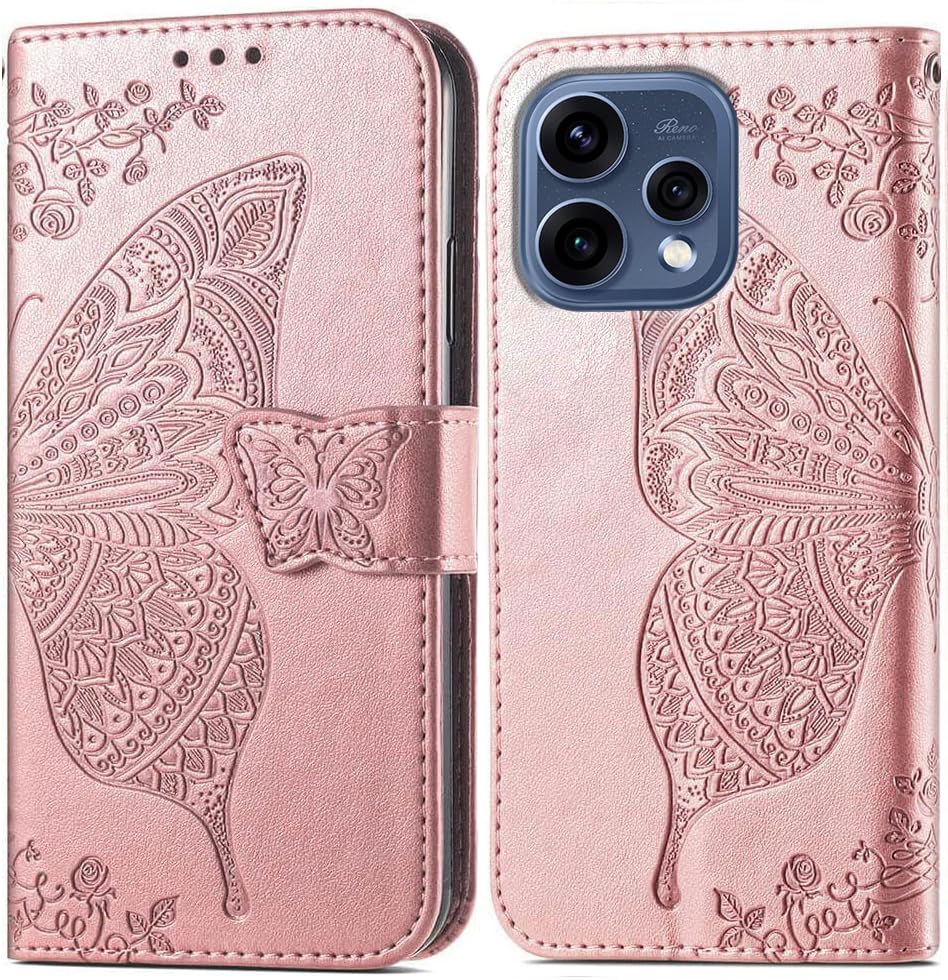 Image of ClickCase Butterfly Series for Oppo Reno 15 5G Leather Embossing Wallet Flip Case Kick Stand Magnetic Closure Flip Cover for Oppo Reno 15 5G (Rose Gold)