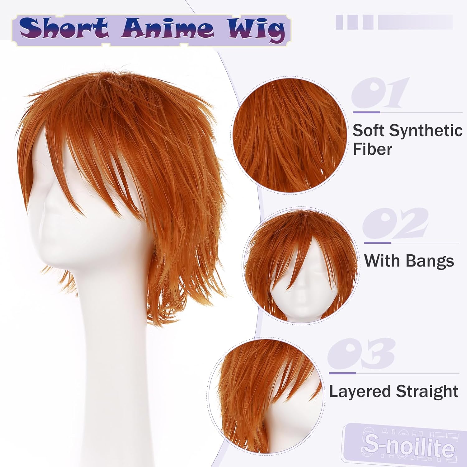 S-noilite Unisex Women Short Straight Cosplay Wig Men Male Anime Costume Hair Tail Full Wigs for Halloween Anime Party Dark Orange - Image 4