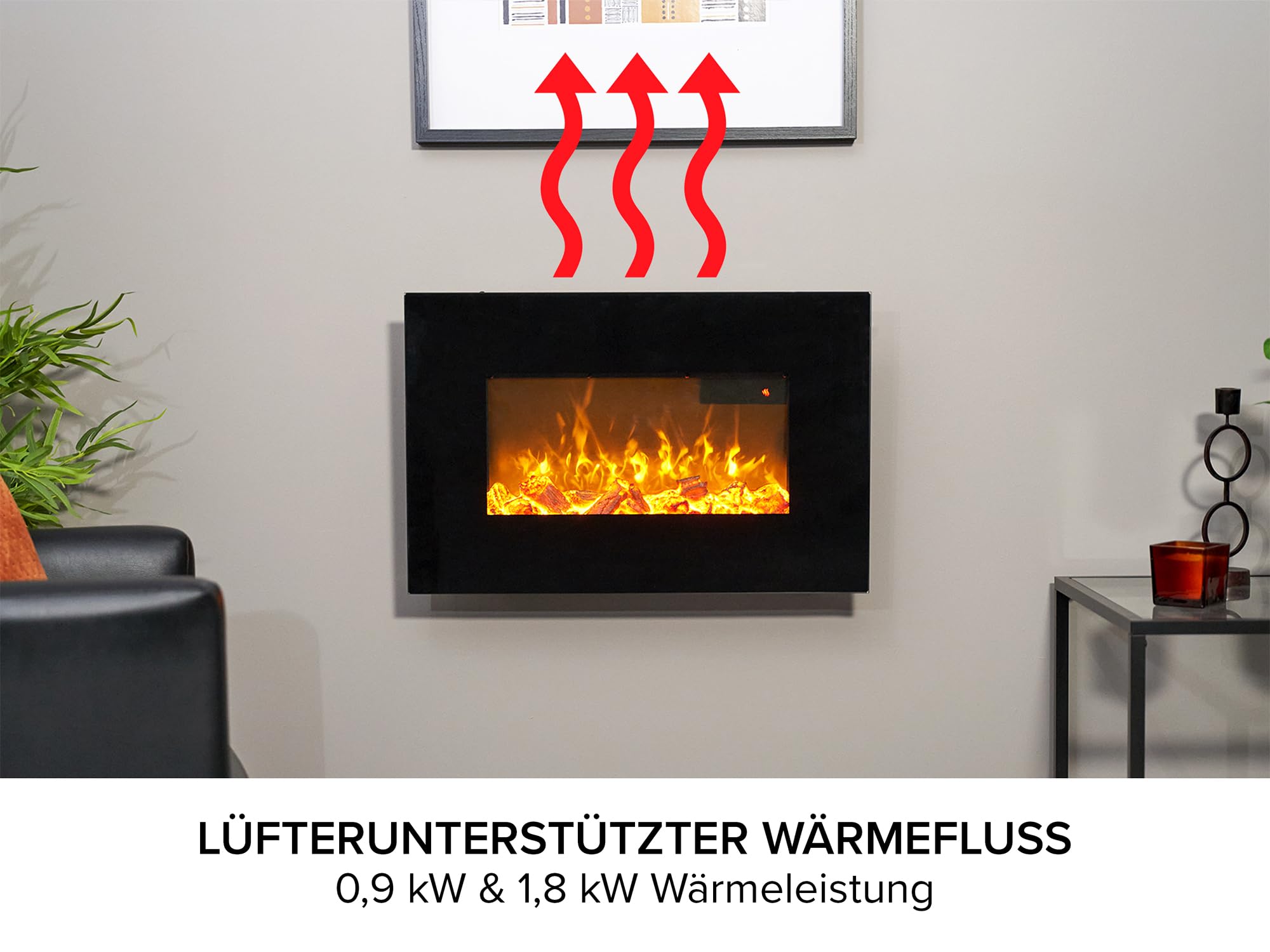 WM-9334 Elektrischer Wandkamin mit Fernbedienung in Schwarz, 66 cm