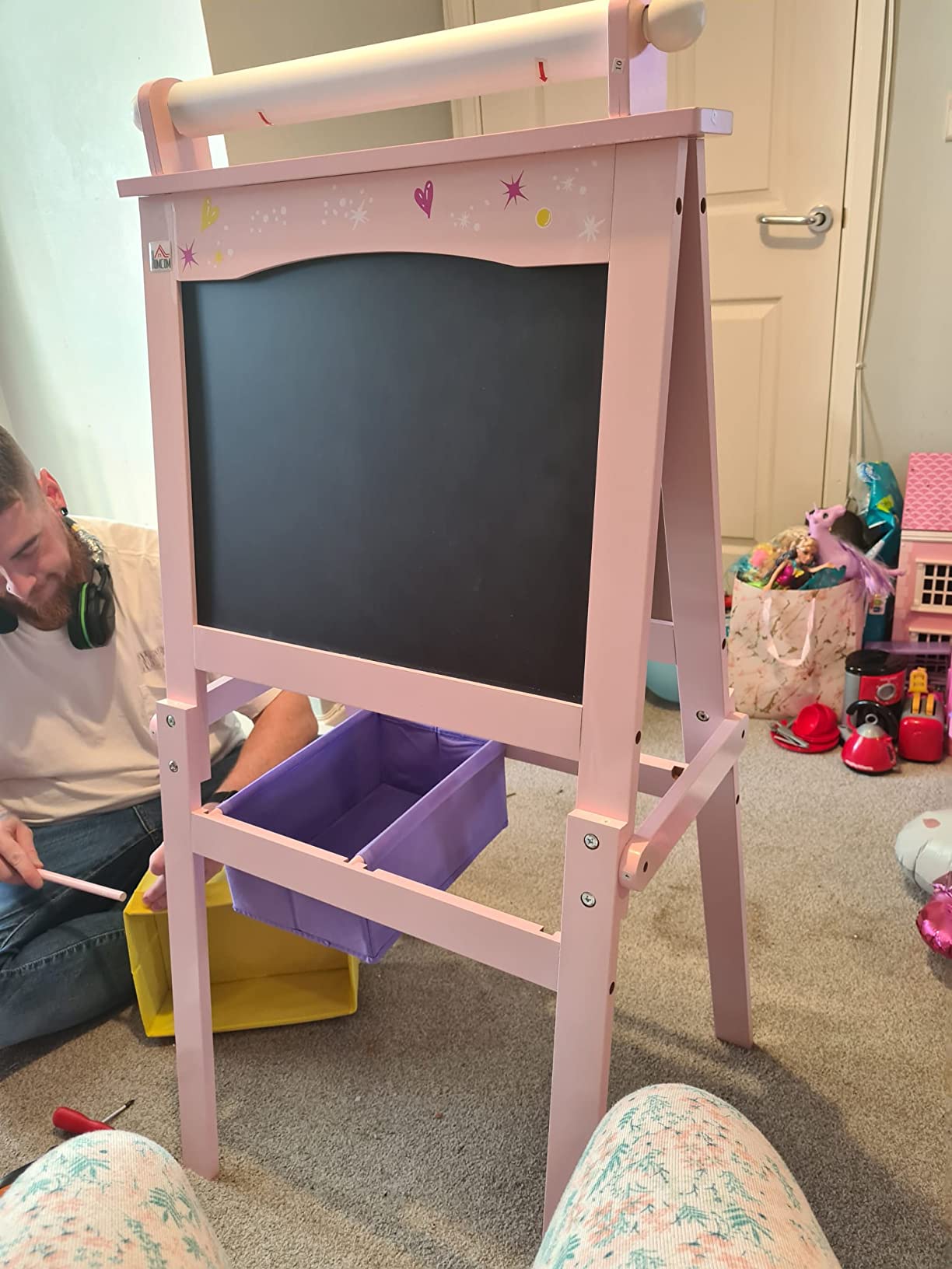 Qaba Easel For Kids, Art Easel With Paper Roll, Double Sided Whiteboard