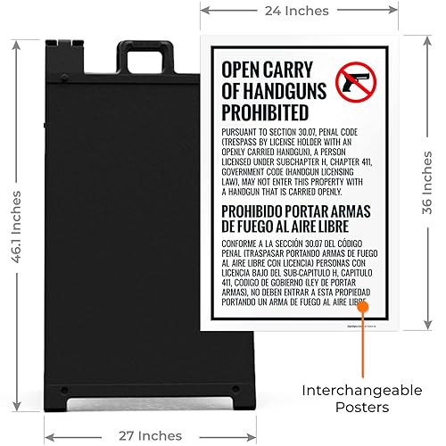 Miniatura 3 de Open Carry Of Handguns Prohibited Texas Penal Code Section 3007 Sidewalk Sign Kit 24x36 Inches With A Frame Stand Made in USA by Sigo Signs