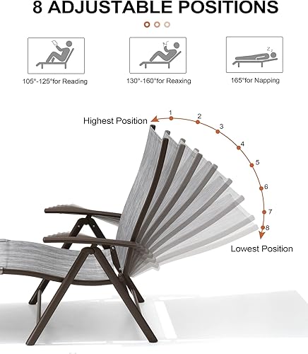Miniatura 4 de Crestlive Products Tumbona plegable para patio exterior, silla reclinable ajustable de aluminio para piscina al aire libre, marco marrón, 8