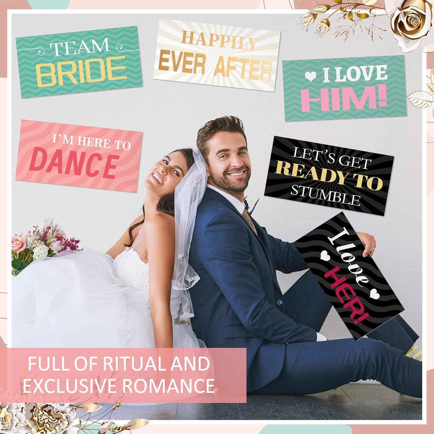 Beeveer 24 Designs Wedding Photo Booth Props Double Sided 11.02*5.51‘'photo Booth Props Wedding Marriage Party Decor Gold Pink Teal Selfie Signs DIY Water Proof PVC Printing for Bridal Party Supplies