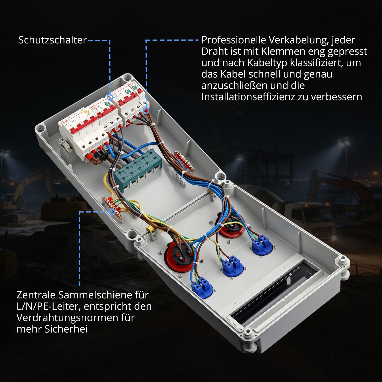 CAMWAY Baustromverteiler, Stromverteiler mit LS+FI, 3x 230V Schuko, 1x 16A/32A CEE- Steckdosen Professionelle Verdrahtung, IP66 Wasserdicht, Robuste ABS Verteiler für Innen & Außen Baustellen Garagen