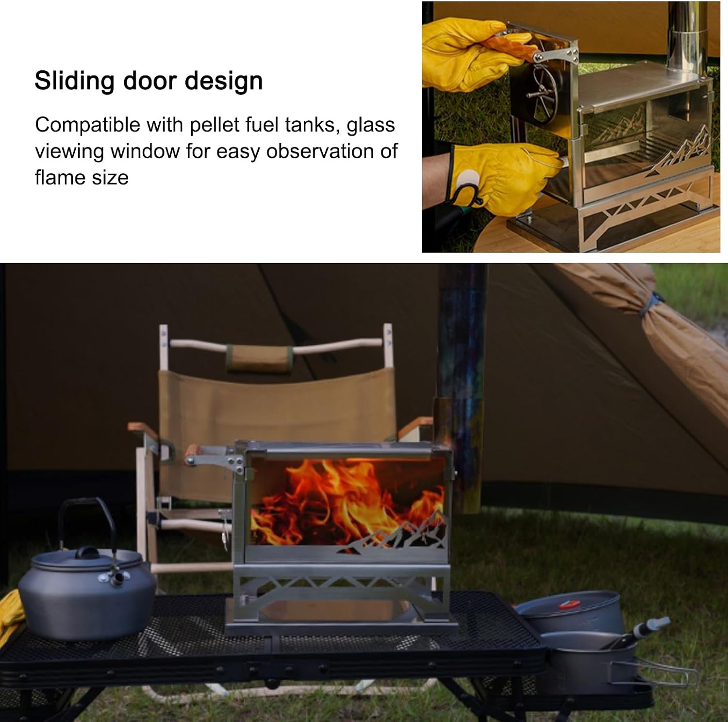 Portable Camp Stove, Stainless Steel Wood-stove, with 8 Chimney Pipes for Outdoor Heating, Cooking, Hiking, and Camping