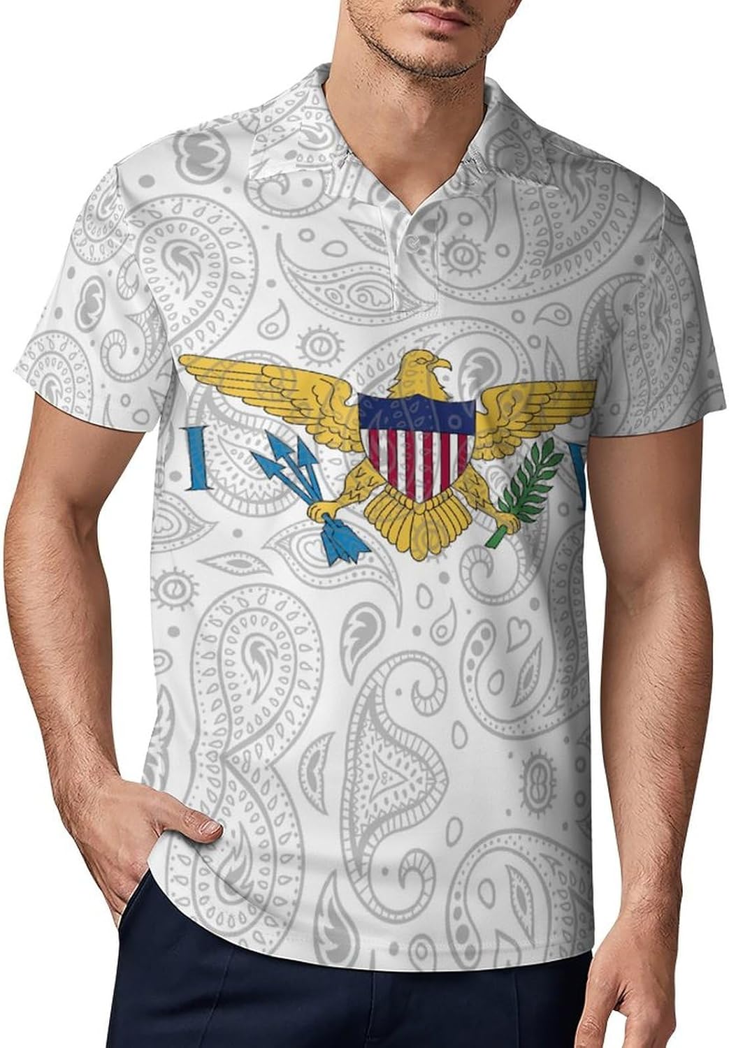 Virgin Islands Flag Paisley Pattern Novelty Men's Short Sleeve Shirt Golf Tennis Shirts Work T-Shirt Sport Tee