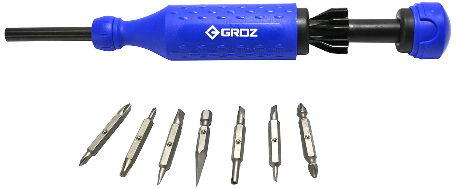 Groz 14-in-1 HVAC Screwdriver | Retractable Bit Cartridge | Palm Saver Cap | Easy Guide Collar | HVAC bits | #33714