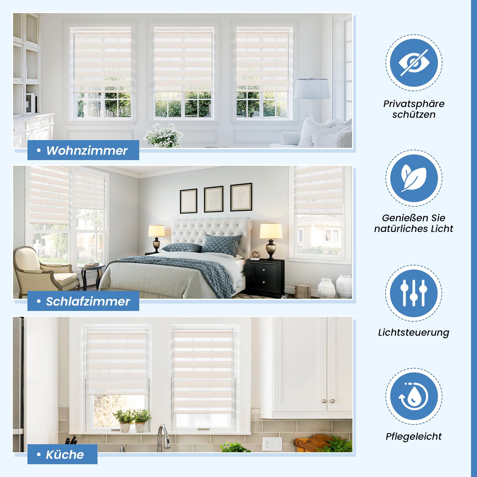 TFSKY Doppelrollo Klemmfix Ohne Bohren - Lichtdurchlässig & Verdunkelnd Mit Kindersicherung