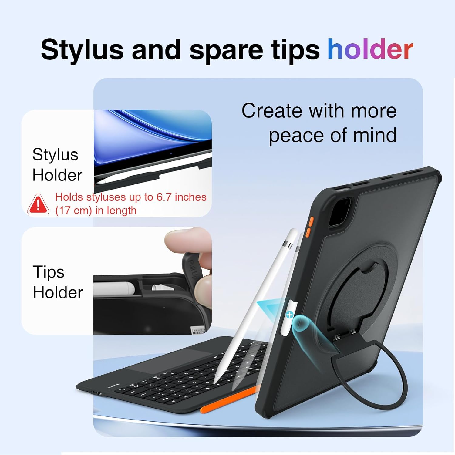 for iPad A16 11th/10th Gen & Air 11" M3/M2 & 5th/4th Gen & Pro 11" 4/3/2/1 Gen Keyboard Case, 360° Rotatable Detachable, Full Edge Protection, Large Touchpad, 6.7" Pen & Tips Holder, 7-Color Backlight