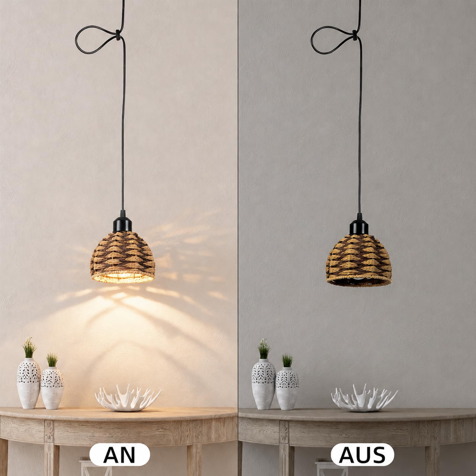 FRIXCHUR Lampa wisząca Boho E27 z plecionej liny, naturalna lampa wisząca z kablem 1,3 m, do kuchni, stołu jadalnego i korytarza, bez źródła światła