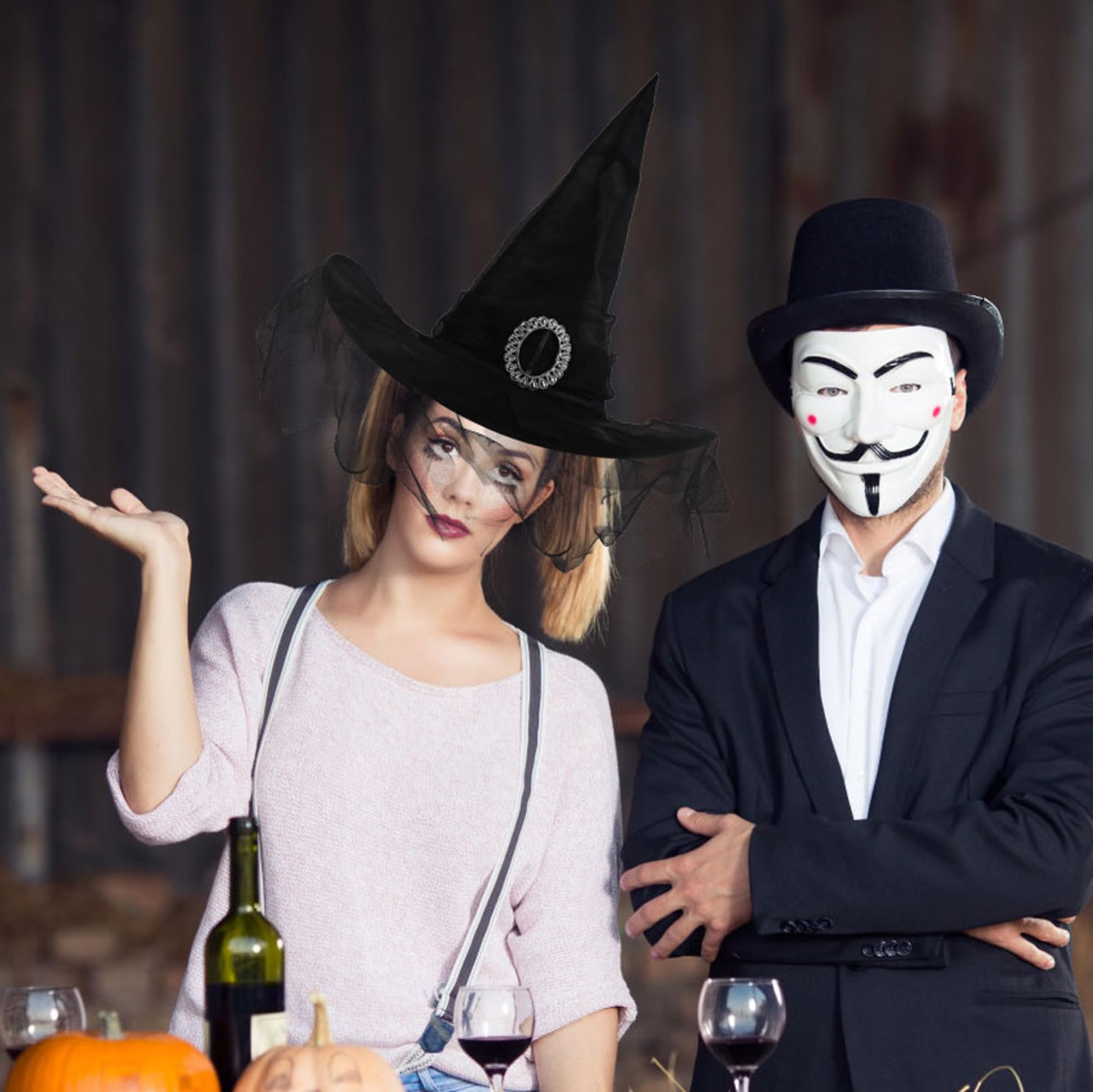 3-teiliges Hexenhut-Set Mit Schleier – Spitzer Hexenhut Für Halloween, Karneval & Mottopartys, Schwarz/rot/lila