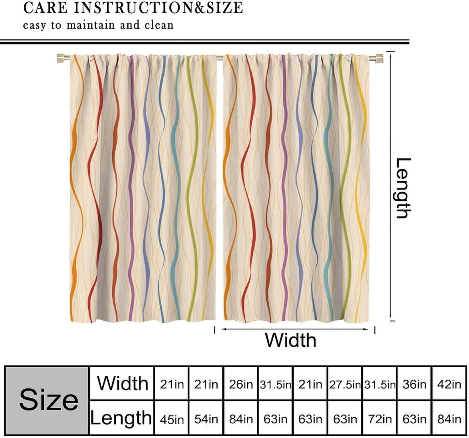 Colorful Striped Blackout Curtains Vertical Wavy Lines Rainbow Colors Vintage Rustic Home Decor Window Treatments for Kids Boys Girls Bedroom Living Dining Room Kitchen 42" W X 45" L