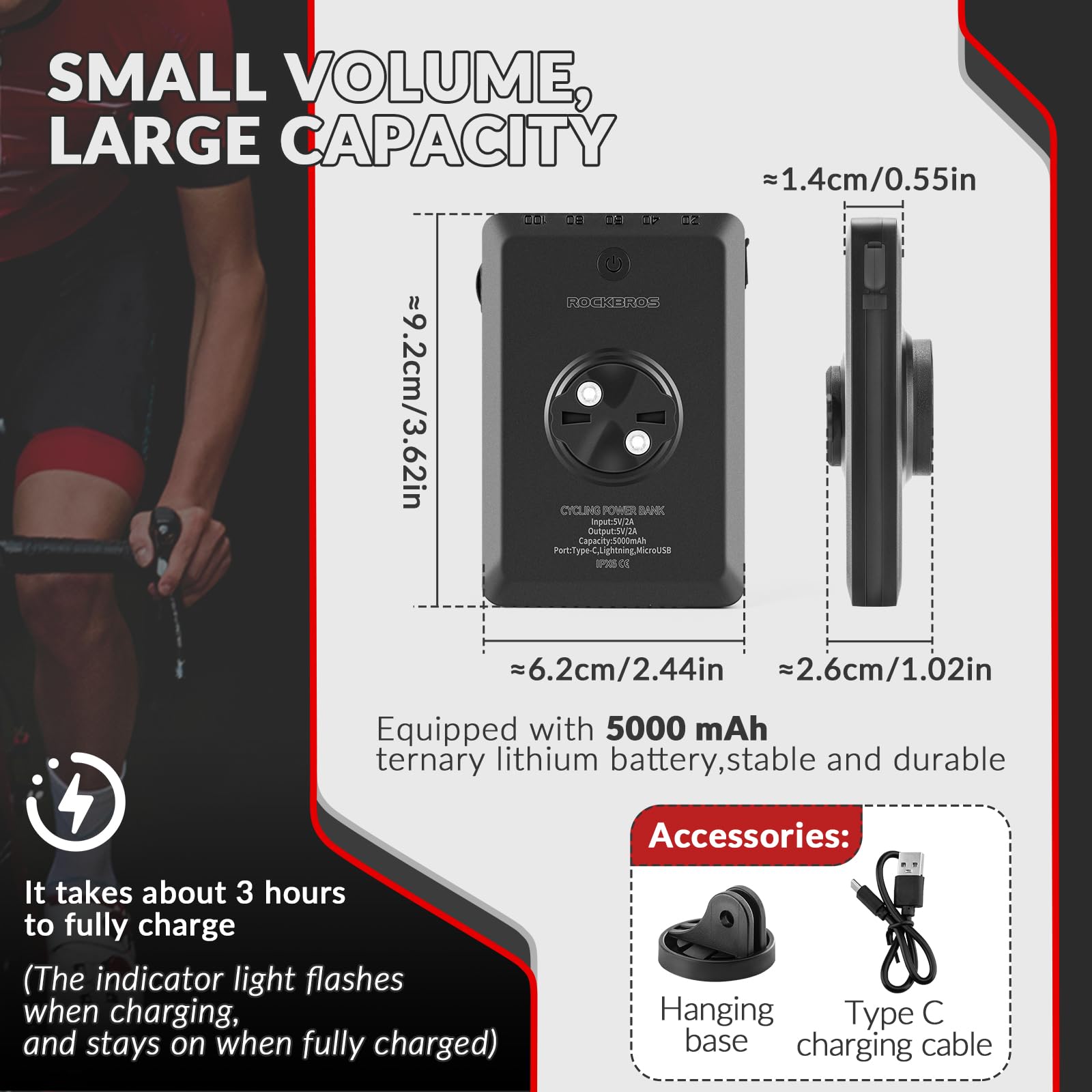 ROCKBROS Luce Bici, Power Bank Ricaricabile, Fanalino Anteriore MTB, 4 Modalità, Luce Bicicletta, Ricaricabile Type-C, USB, Lightning, Impermeabile IPX6, Adatto per Bici da Strada, Bici da Città