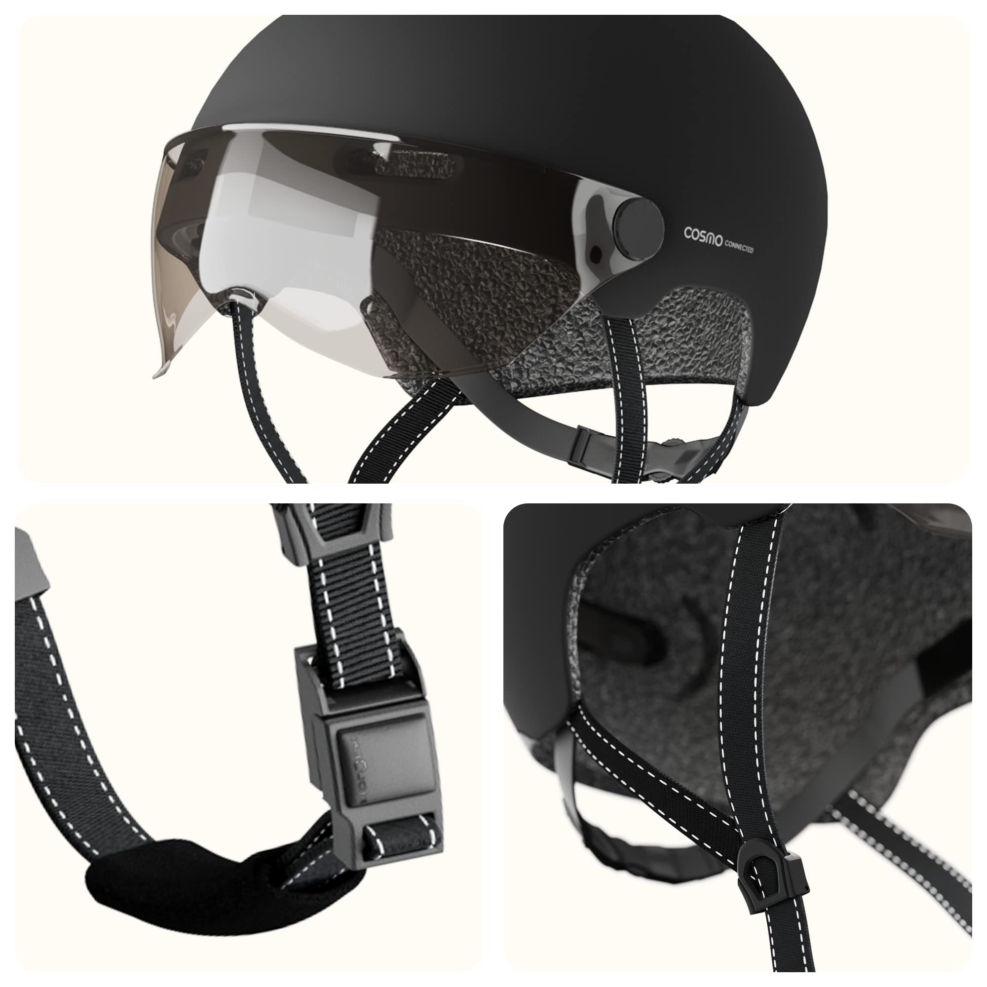 Cosmo Connected - Cosmo Fusion - Casco Intelligente Bicicletta e Monopattino con Visiera, Taglia Adulti - Lampeggianti, Fuoco di Freno Automatico, Condivisione di Viaggio, Rilevamento di Caduta