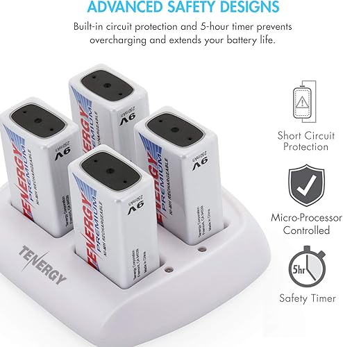 Miniatura 7 de Tenergy TN136 Cargador inteligente de 4 bahías 9V con 4 piezas Tenergy Premium 9V NiMH baterías recargables