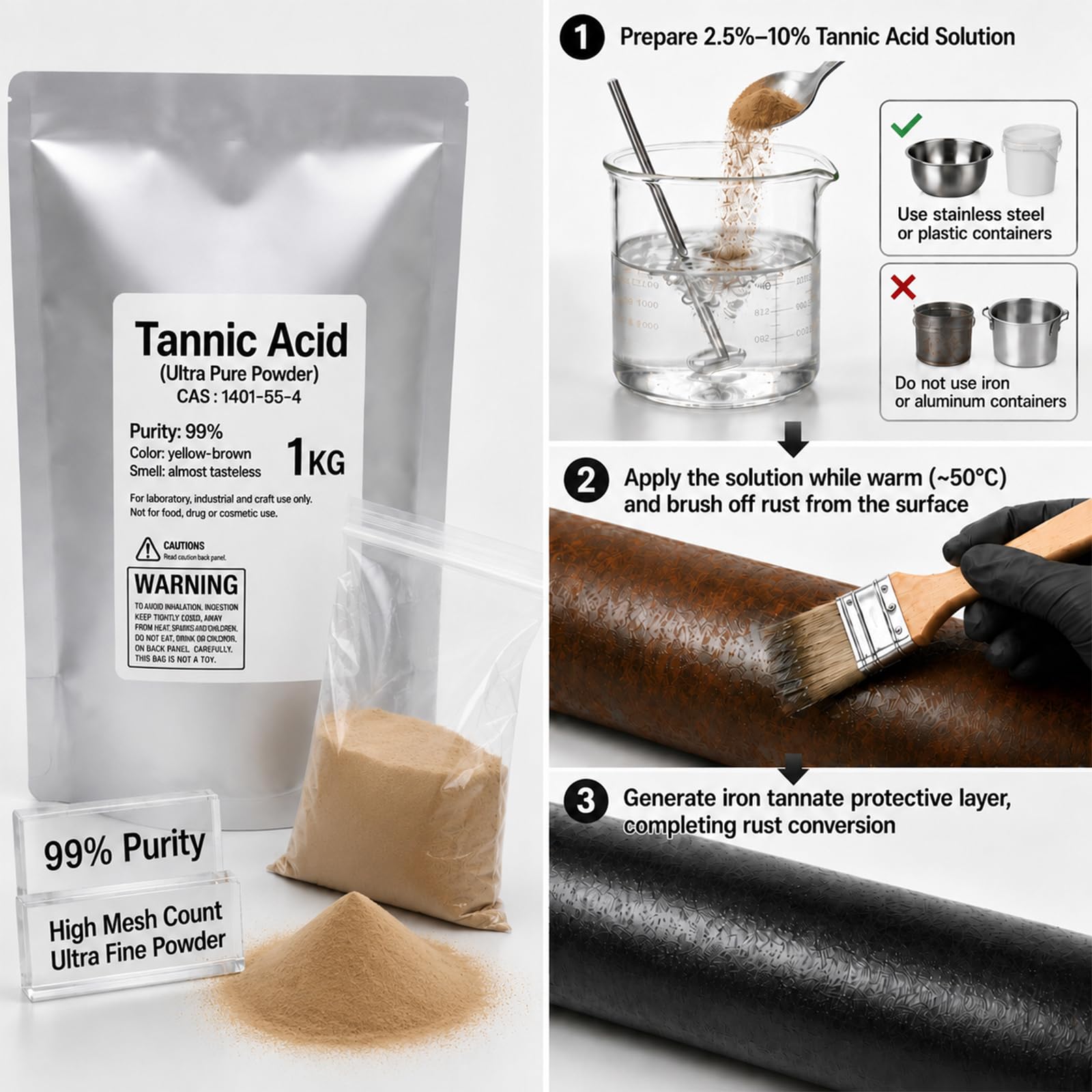 300 g de ácido tánico, ácido tánico en polvo 99%-1kg | Curtido de cuero |Reactivo industrial de grado laboratorio | Inhibidor de corrosión de metales|la prevención de la oxidación
