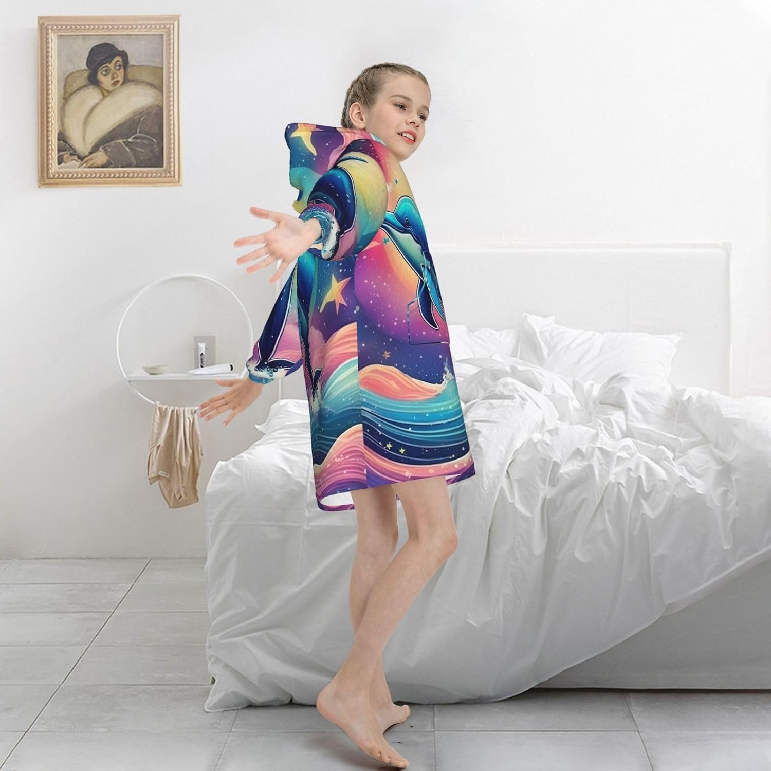 Colorful Starry Sky Ocean Dolphin Print Oversized Blanket Hoodie, Wearable Blanket Hooded,Hooded Pullover With Pocket