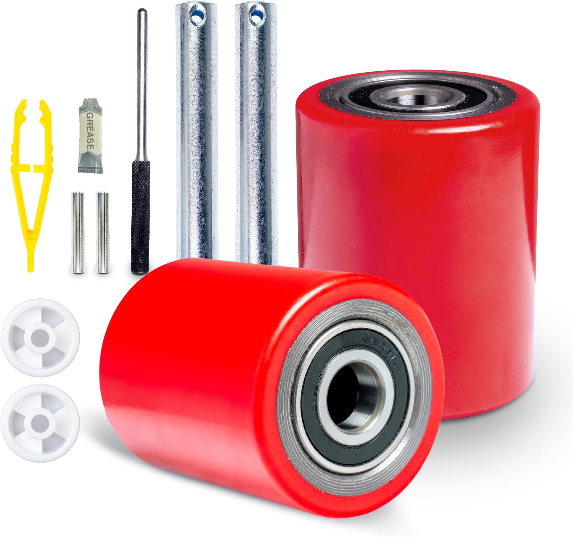 Pallet Jack/Truck Load Wheels Full Set with Axles and Entry Exit Roller 3" x 3.75" with Bearings ID 20mm Poly Tread Red