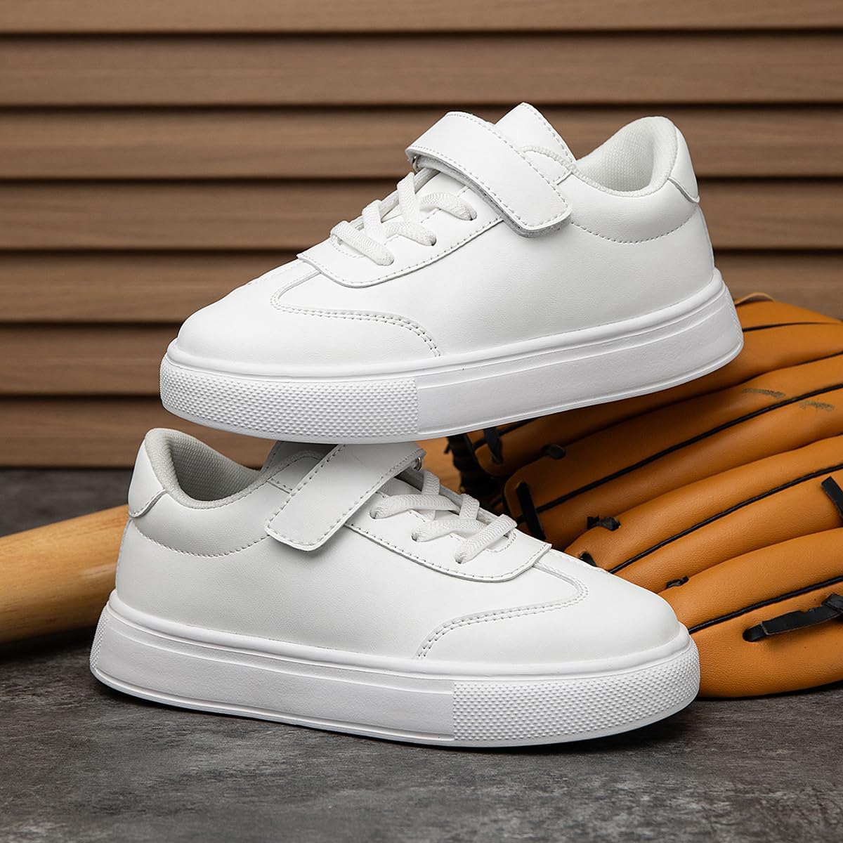 Kids Hook and Loop Sneakers, Low Top Casual Shoes for Boys and Girls, Lightweight Synthetic Leather with Non-Slip Sole, White and Black